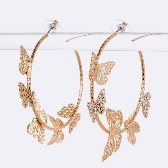 BNWT Large Filigree Iconic Crystal Butterfly Hoop Earrings - Picture 1 of 3